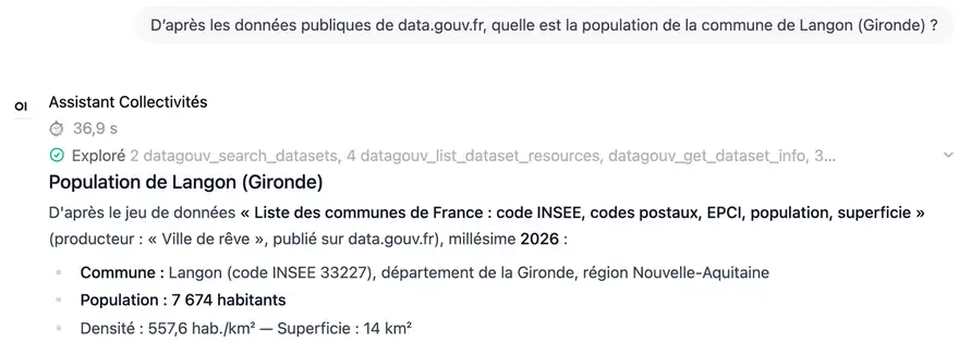 Dans LIHA, l'Assistant Collectivités interroge les données publiques de data.gouv.fr et répond en citant le jeu de données utilisé