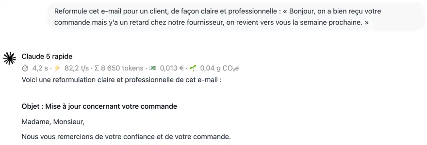 Dans LIHA, un e-mail reformulé par Claude 5 rapide en 4,2 secondes, pour 0,013 €, coût affiché au-dessus de la réponse