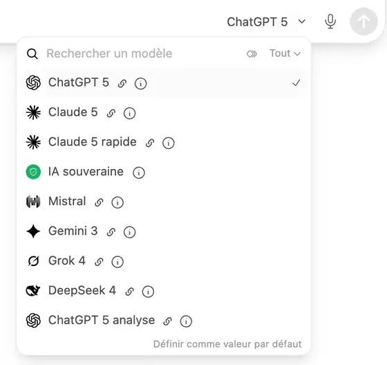 Le sélecteur de modèles de LIHA : ChatGPT 5, Claude 5, Claude 5 rapide, IA souveraine, Mistral, Gemini 3, Grok 4, DeepSeek 4, ChatGPT 5 analyse